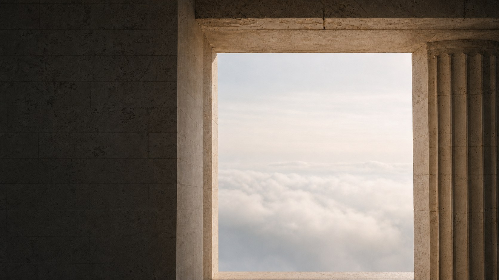 Greek marble threshold opening onto a pale cloud horizon
